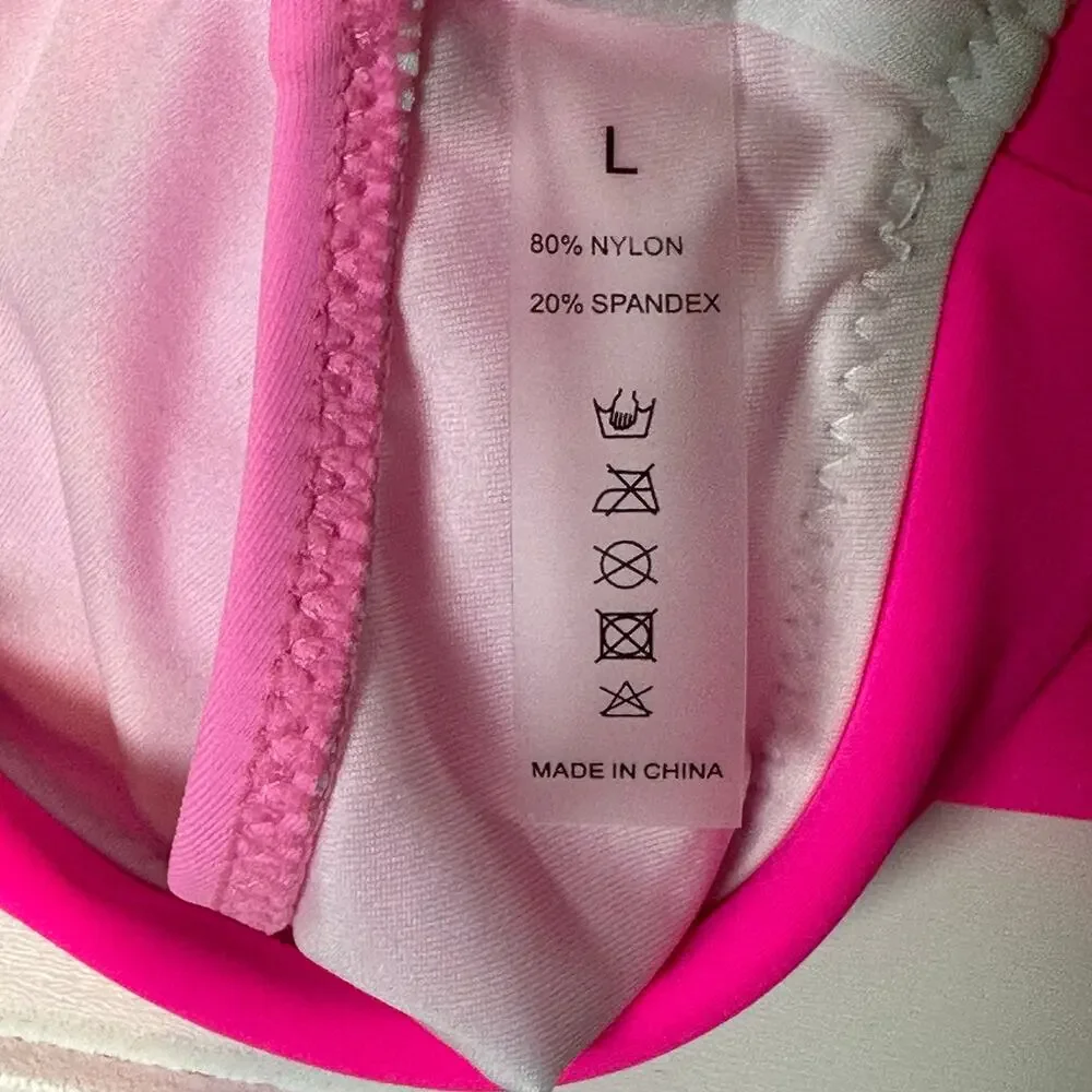 Women Pink Colorblock Bikini Set One Shoulder Cutout 2 Piece L